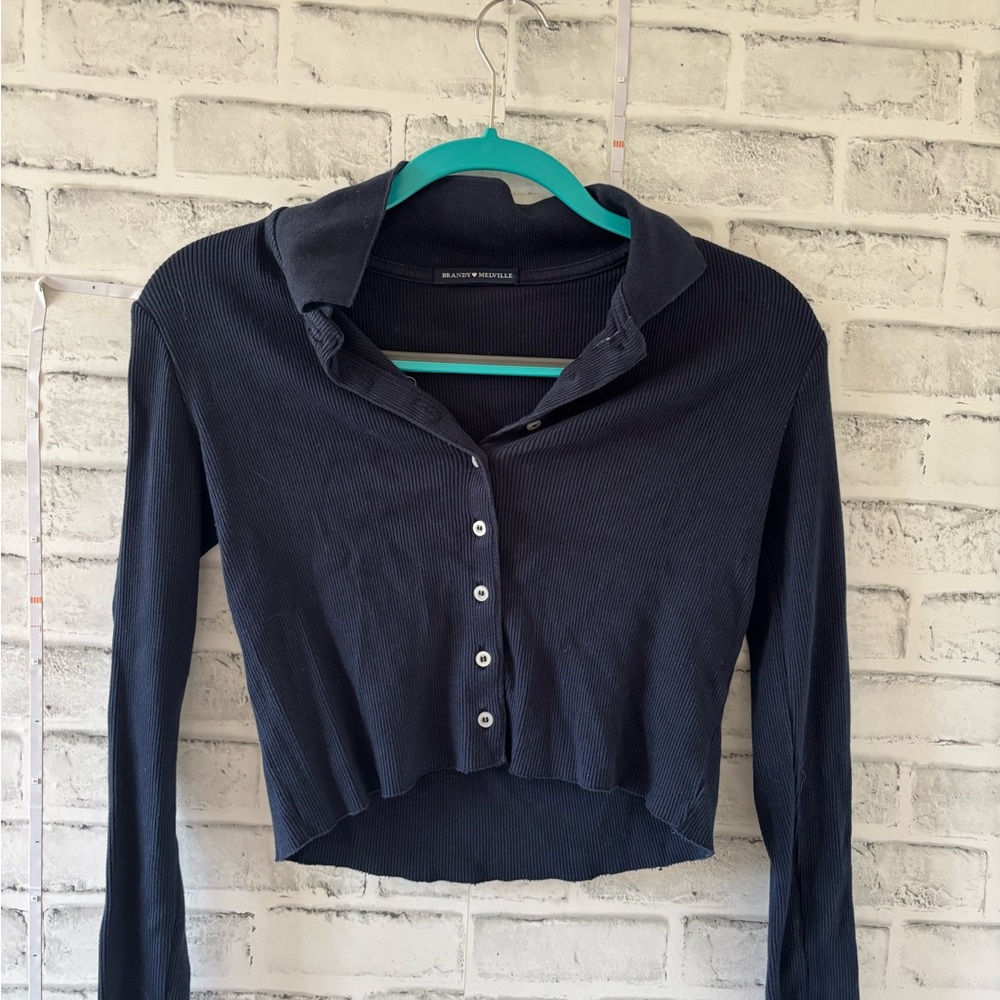 Brandy Melville Black 3/4 Sleeve Cropped Polo Shirt
